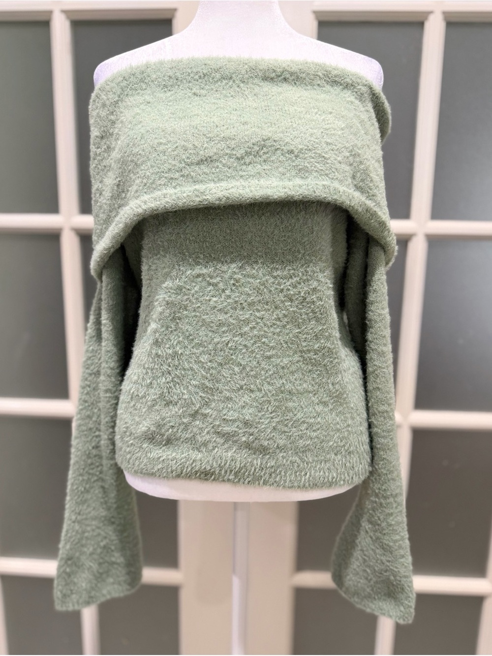 NWT Wild Fable Plush Off-the-Shoulder Sweater in Sage Green